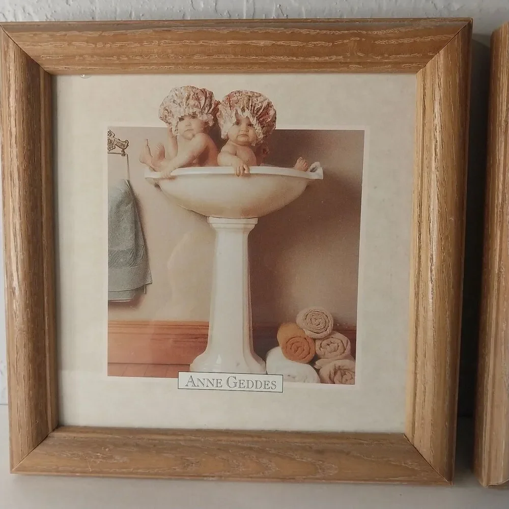 Vintage Anne Geddes Bathroom Prints 90s Babies Framed Decor 7x7 Set Of 2‎